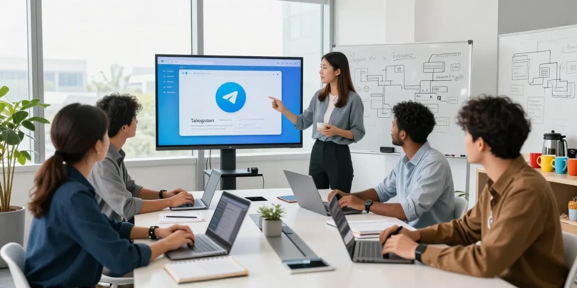 Team discussing the Telegram web version in a modern office environment.