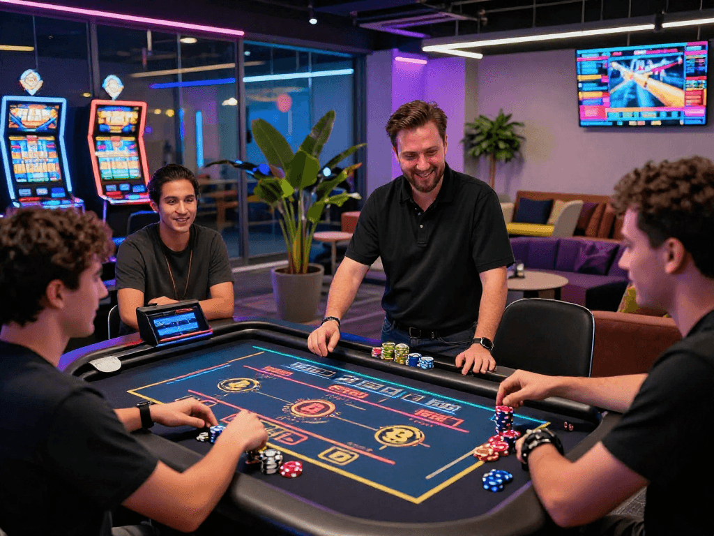 Crypto casino gaming with players engaged at digital tables and vibrant atmosphere.