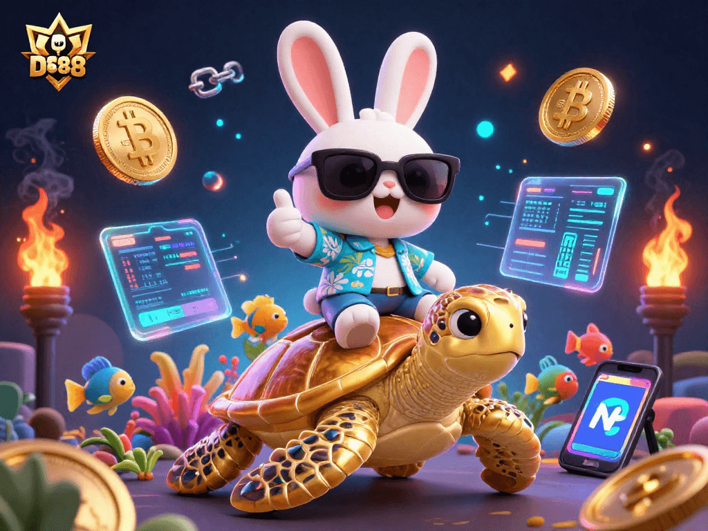 Engage with the exciting world of DE88 featuring a lucky rabbit and golden sea turtle amid crypto elements.