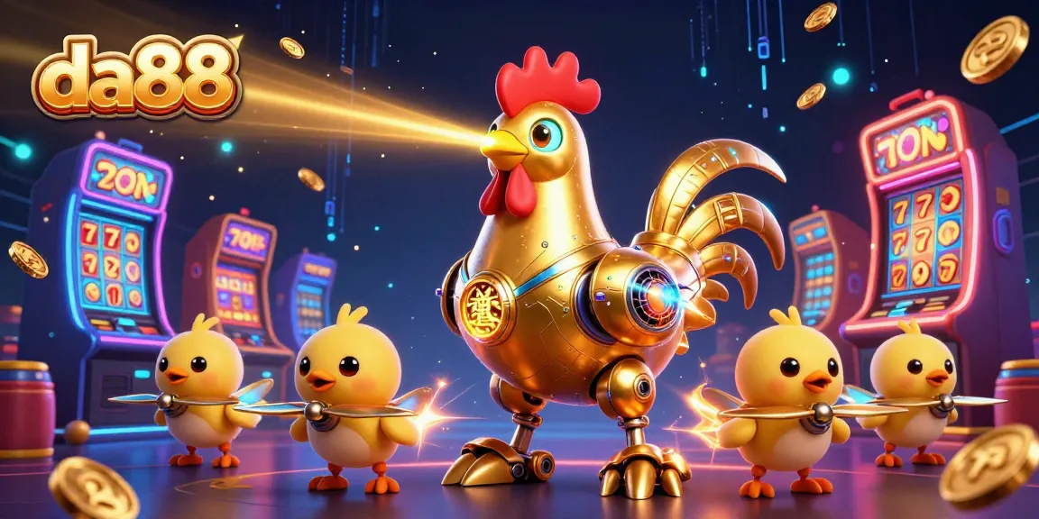 Experience da88 with the golden rooster robot shooting lasers amid dynamic slot action and shining coins.