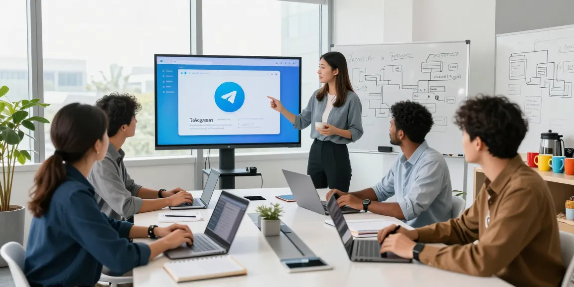 Team discussing the Telegram web version in a modern office environment.