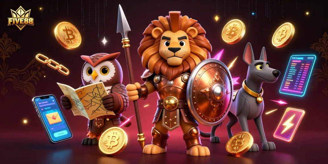 Engage with the vibrant FIVE88 online casino scene showcasing characters in a thrilling crypto-gambling atmosphere.
