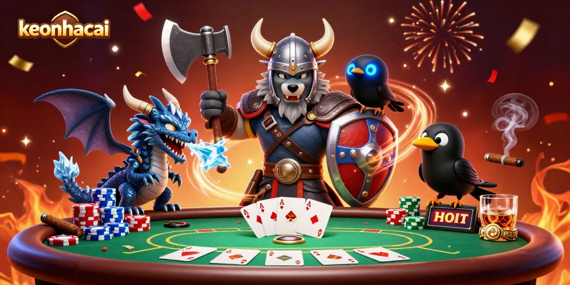 Engage with keonhacai's thrilling poker scene featuring a Viking warrior and dragon in action.