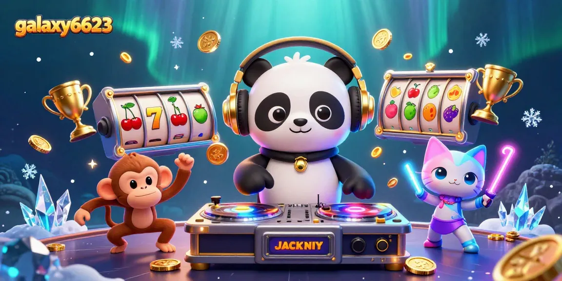 Engage with exciting games in galaxy6623, as a DJ panda spins slots, surrounded by vibrant casino elements.