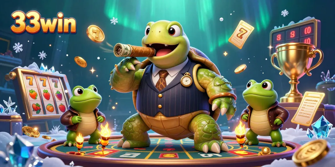 Engage in thrilling casino action with 33win, featuring a turtle mobster in a dynamic gambling scene.