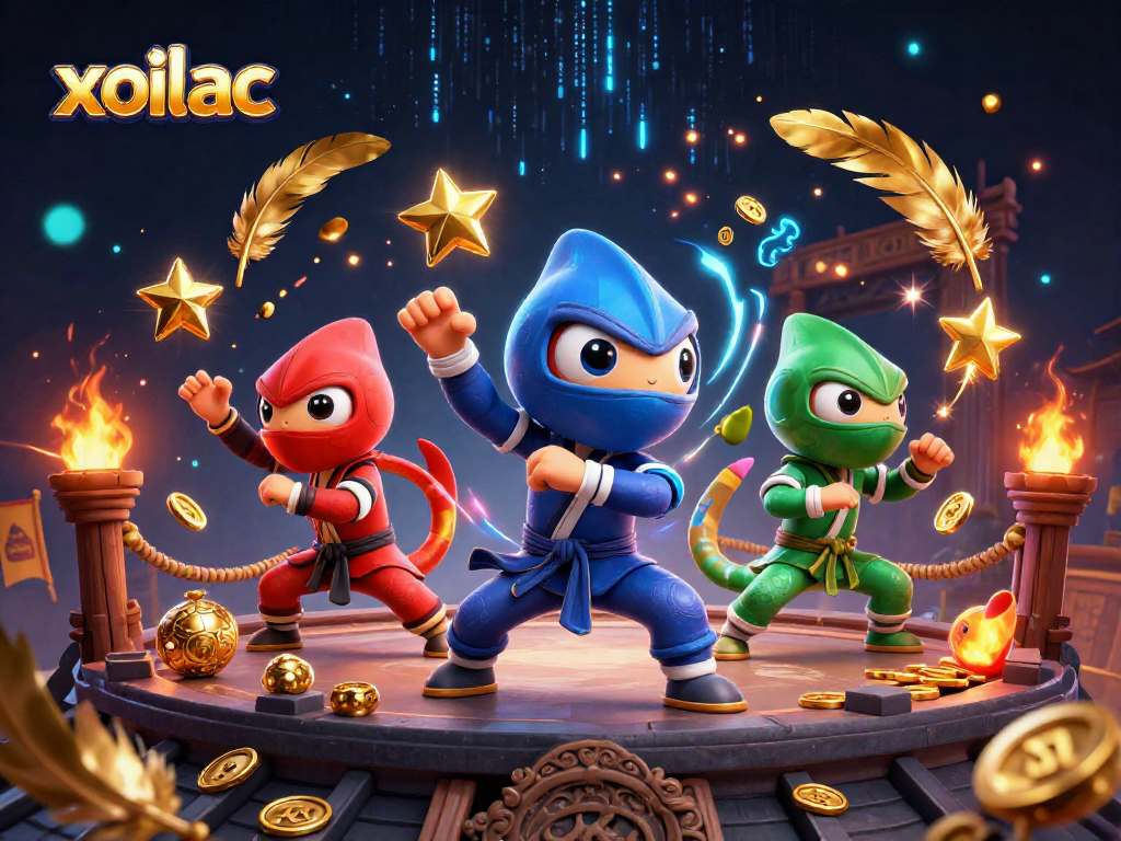 Showcase of the xoilac team with ninja chameleons in a dynamic gambling scene featuring golden elements.