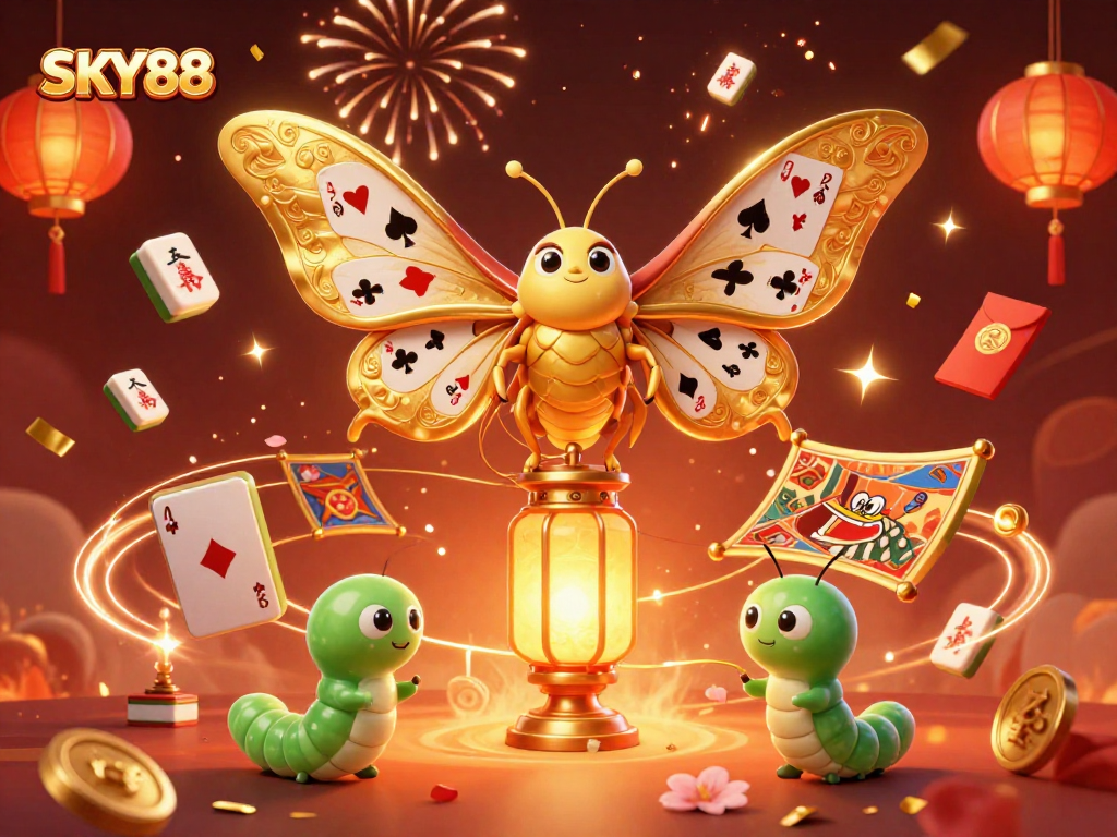 Experience thrilling gameplay at SKY88, featuring vibrant casino scenes with golden motifs and a festive atmosphere.