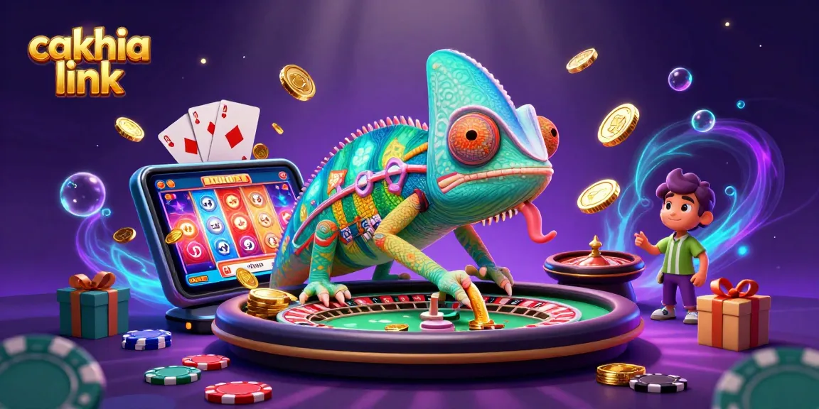 Cakhia link showcases a vibrant 3D illustration of a colorful chameleon casino owner amidst dynamic gambling elements, enhancing the gaming experience.