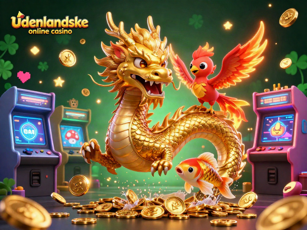 Engage with udenlandske online casino through vibrant 3D art featuring a dragon, phoenix, and koi fish.