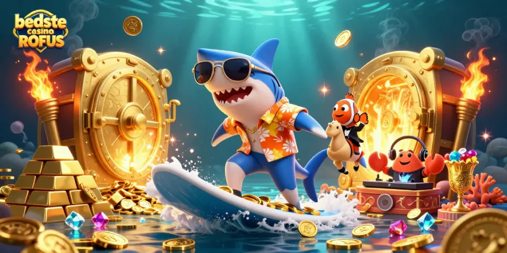 Play at the best casino uden ROFUS with a whimsical ocean scene featuring a shark and treasure.