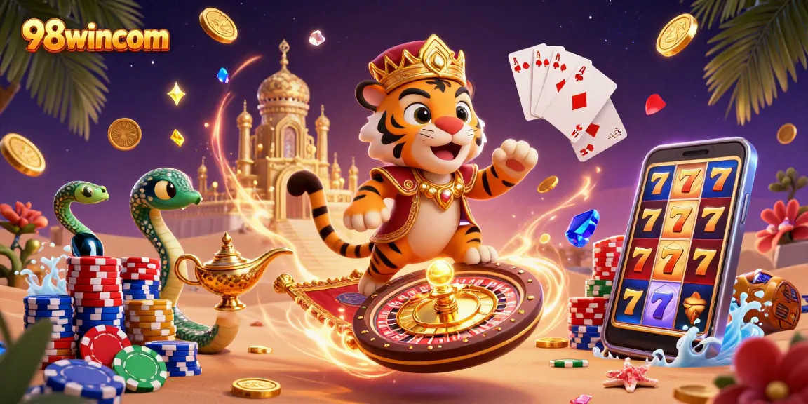 Experience excitement at 98wincom with a vibrant casino illustration showcasing a thrilling slot scene.