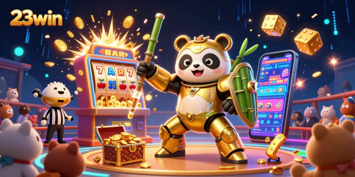Experience the excitement of 23win with a vibrant 3D casino scene showcasing a golden panda in a mech-suit.