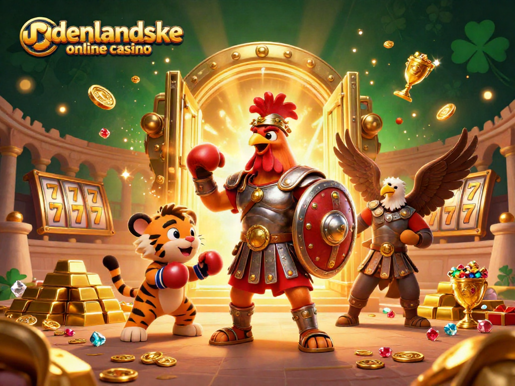 Engage with udenlandske online casino excitement through a dynamic scene featuring a gladiator rooster and joyous symbols of luck.