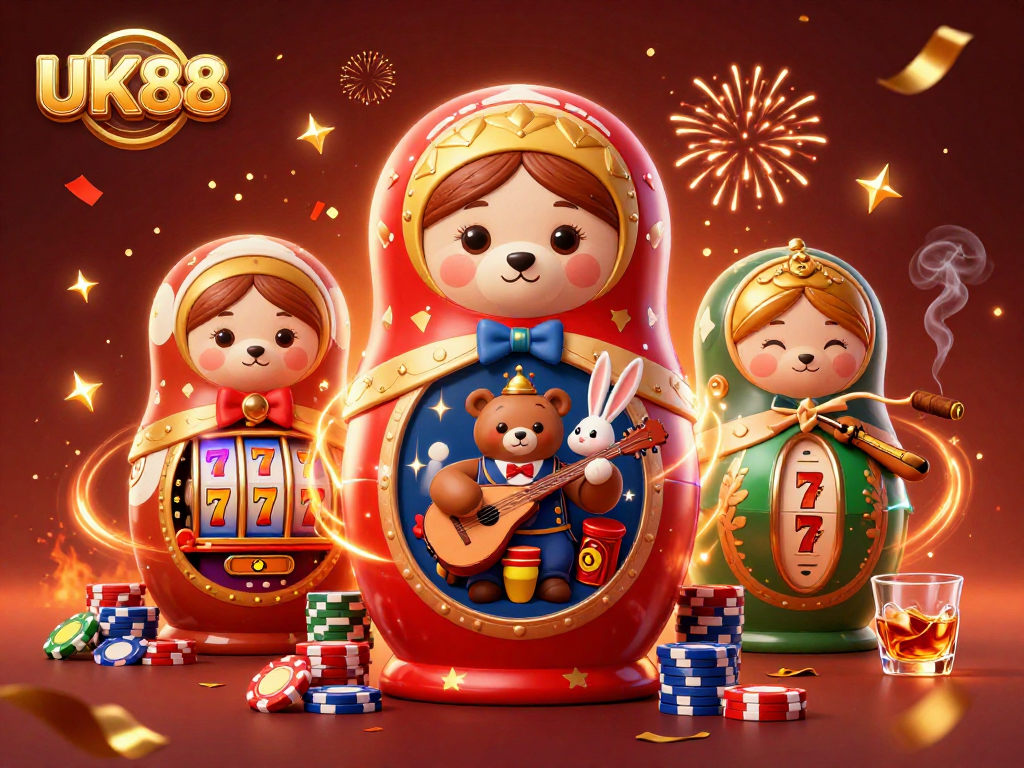Engage in thrilling action at UK88 with colorful symbols and dynamic characters celebrating casino wins.