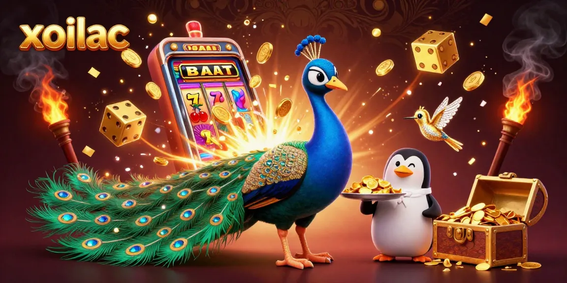 xoilac web design showcases a vibrant casino scene with a peacock, penguin, and hummingbird.