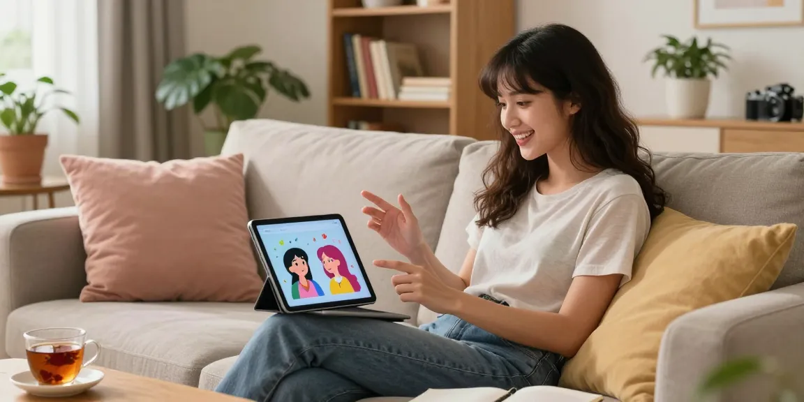 Young woman chatting with her girlfriend AI on a tablet in a cozy living room.