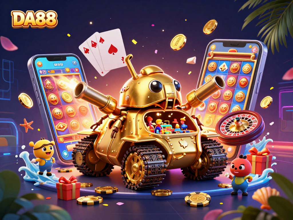 DA88 showcases a vibrant golden beetle tank casino scene with confetti and poker chips, creating excitement.