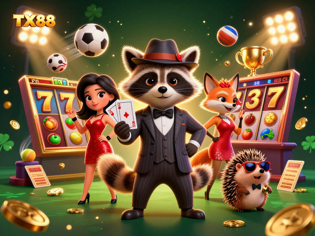 TX88 players enjoy a vibrant casino atmosphere with raccoon and fox companions celebrating slot wins.