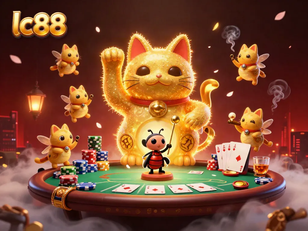 Experience casino excitement with lc88 through a vibrant golden lucky cat amidst colorful poker elements.