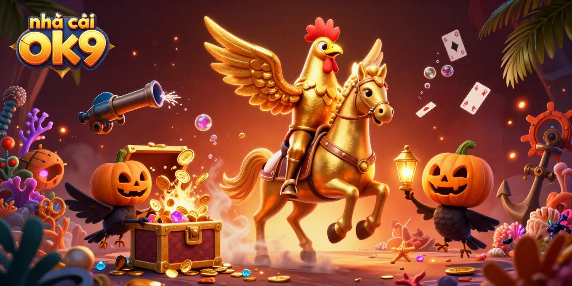 Play exciting games at nhà cái ok9 with golden rooster and casino treasures in vibrant illustration
