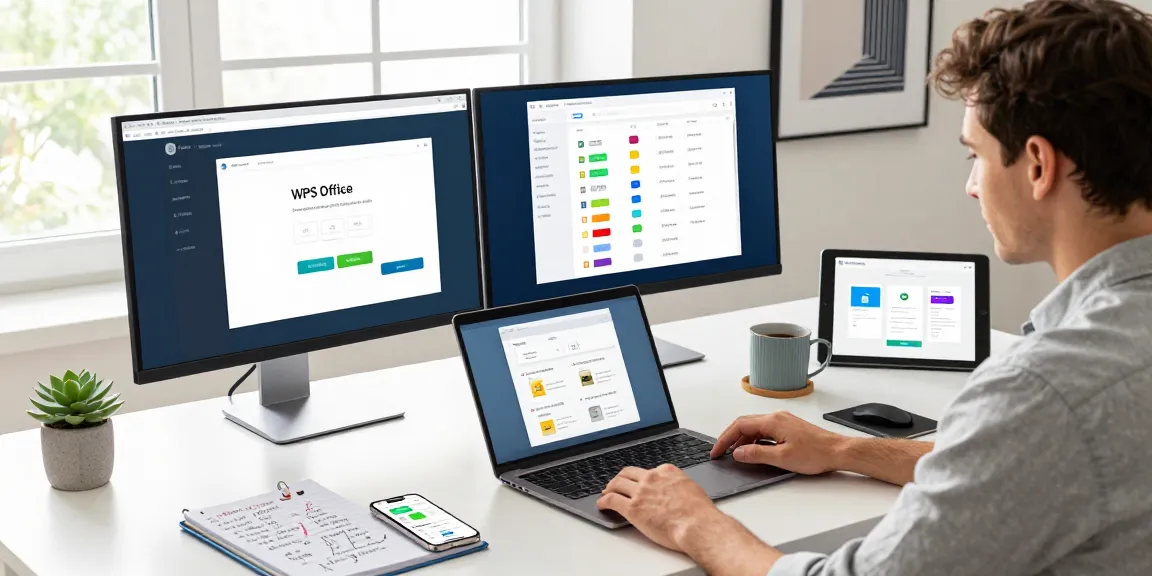 WPS Download workspace scene with a professional downloading WPS Office on a modern laptop, featuring productivity tools.