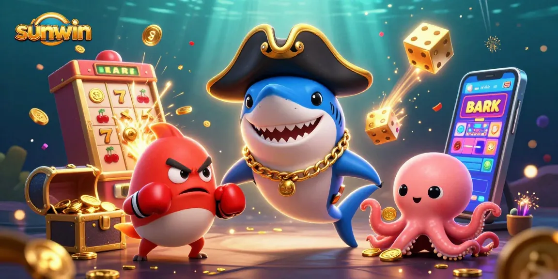 Engage with sunwin at this vibrant casino scene featuring a playful pirate shark and gold coins.