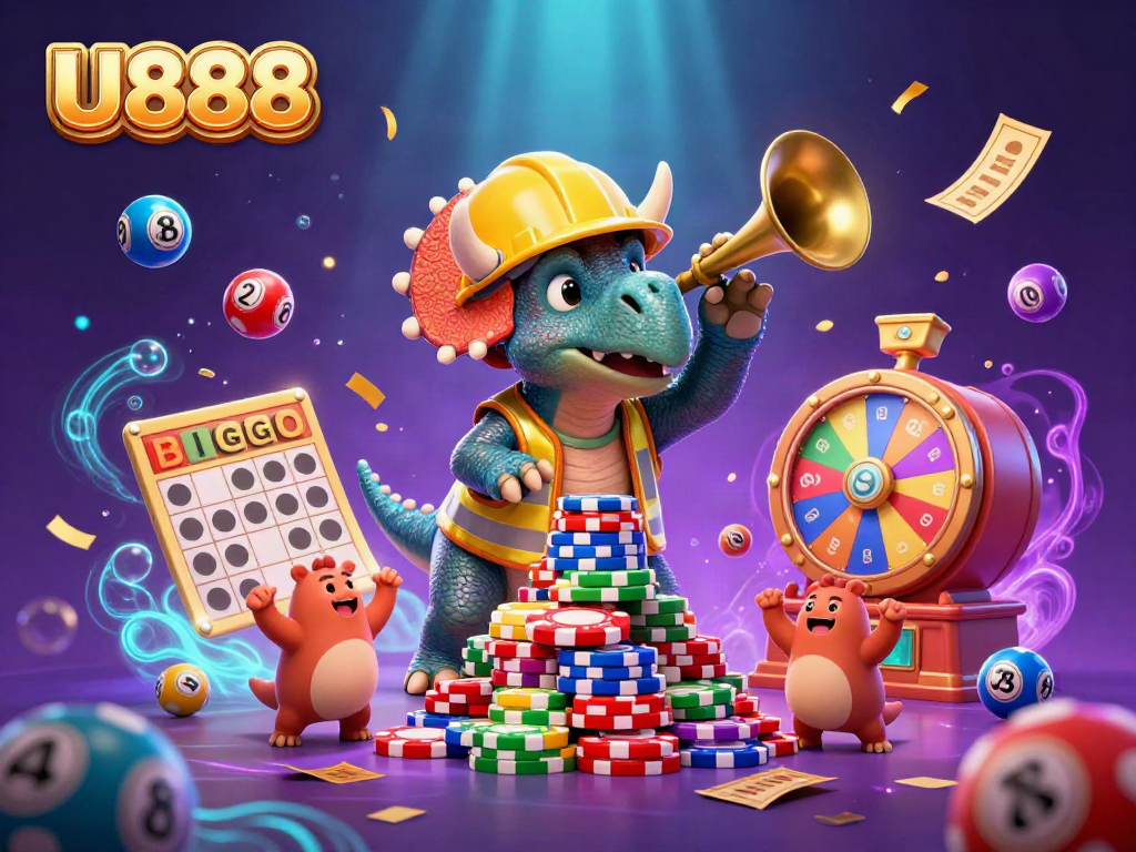 Experience U888's vibrant casino excitement with animated characters celebrating amid colorful game elements.