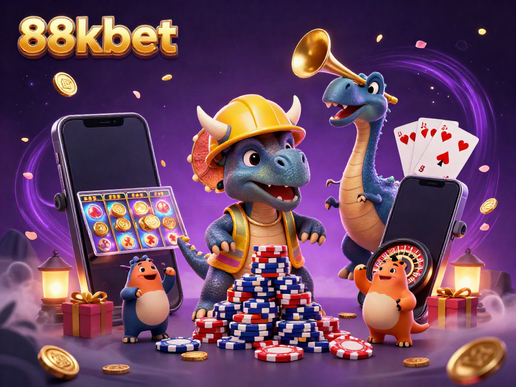 88kbet characters celebrating with poker chips and casino elements in a festive atmosphere.