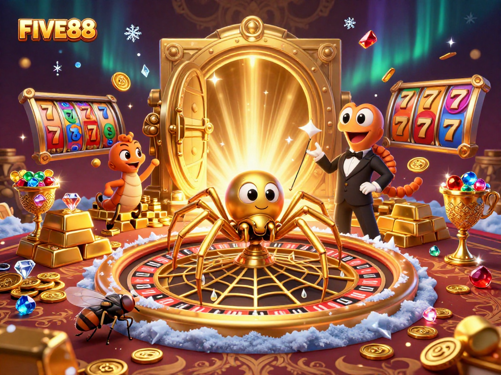 Experience thrilling bets at FIVE88 with an intricate 3D illustration featuring a golden spider and roulette wheel.