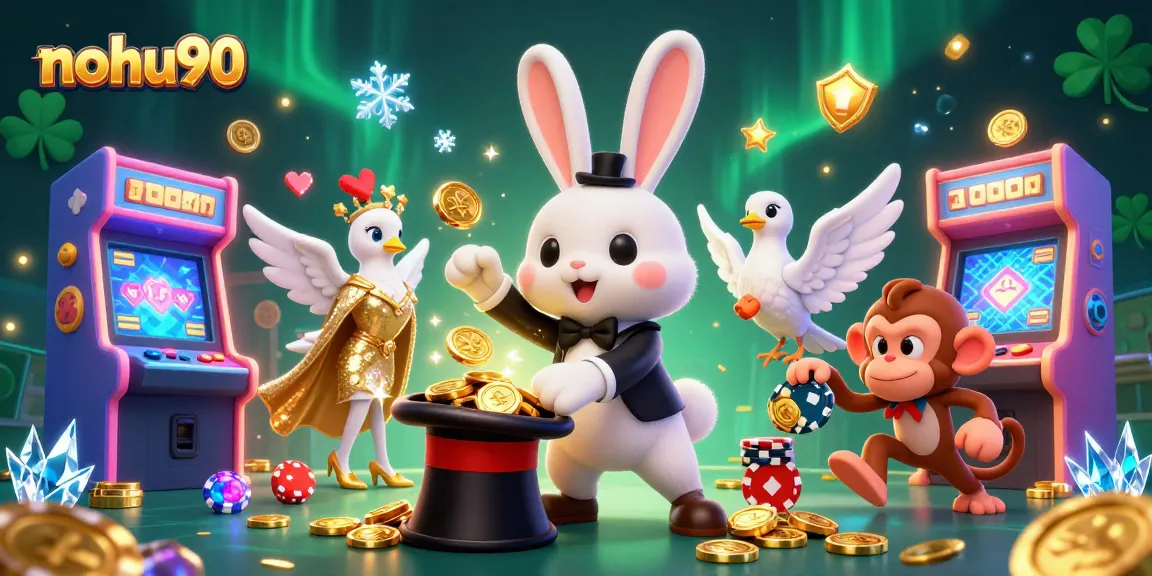 Nohu90 showcases an exciting scene with a magician rabbit, coins, and vibrant gaming elements.