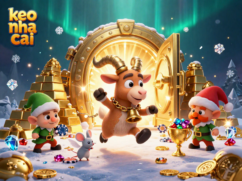 Experience keo nha cai excitement with a cartoon Krampus goat running a festive casino scene.