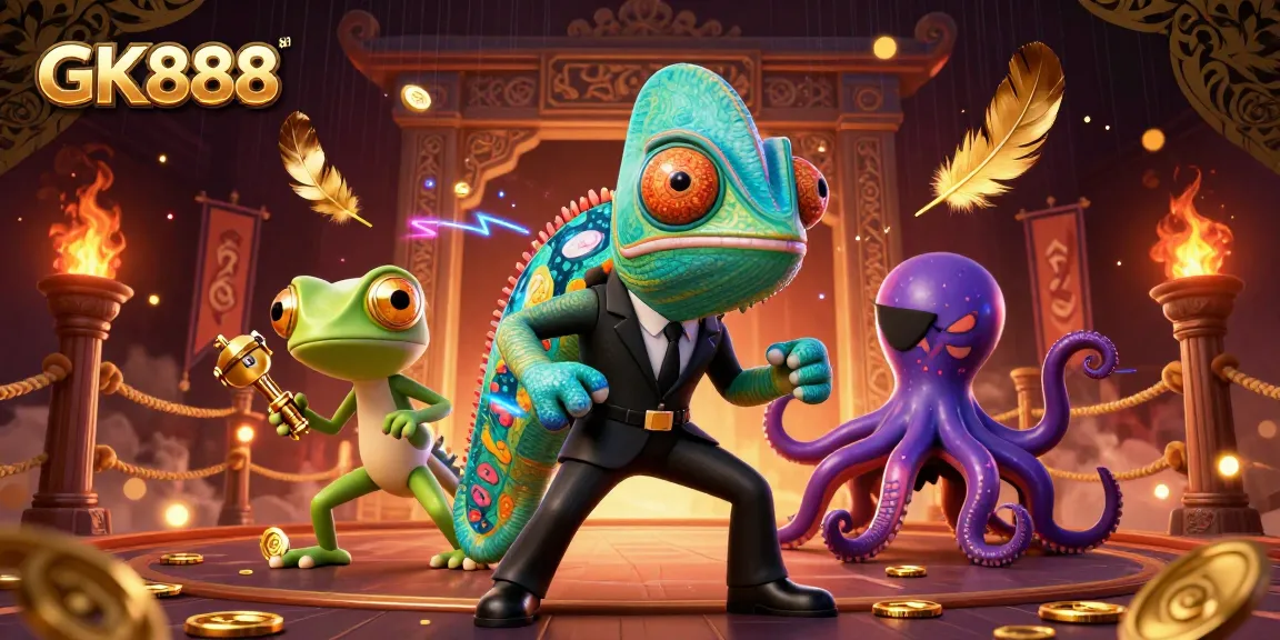 Experience thrilling action with GK888 in this vibrant casino-themed illustration featuring colorful characters.
