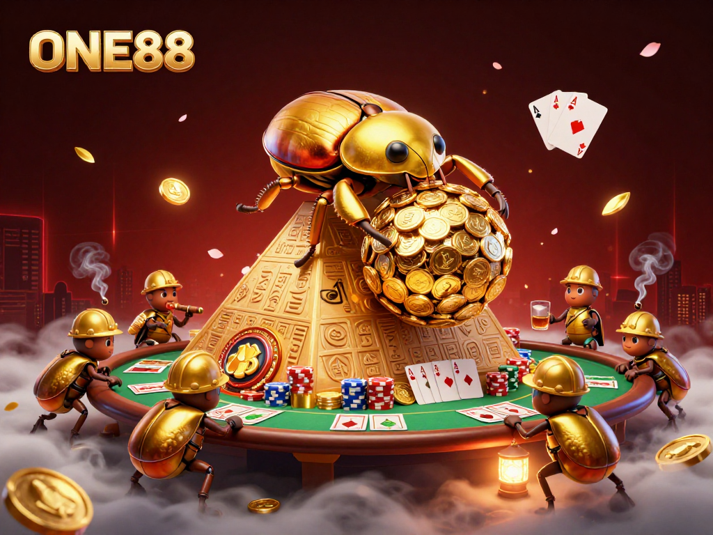 Engage with ONE88's vibrant casino experience featuring a golden beetle amidst gaming excitement.