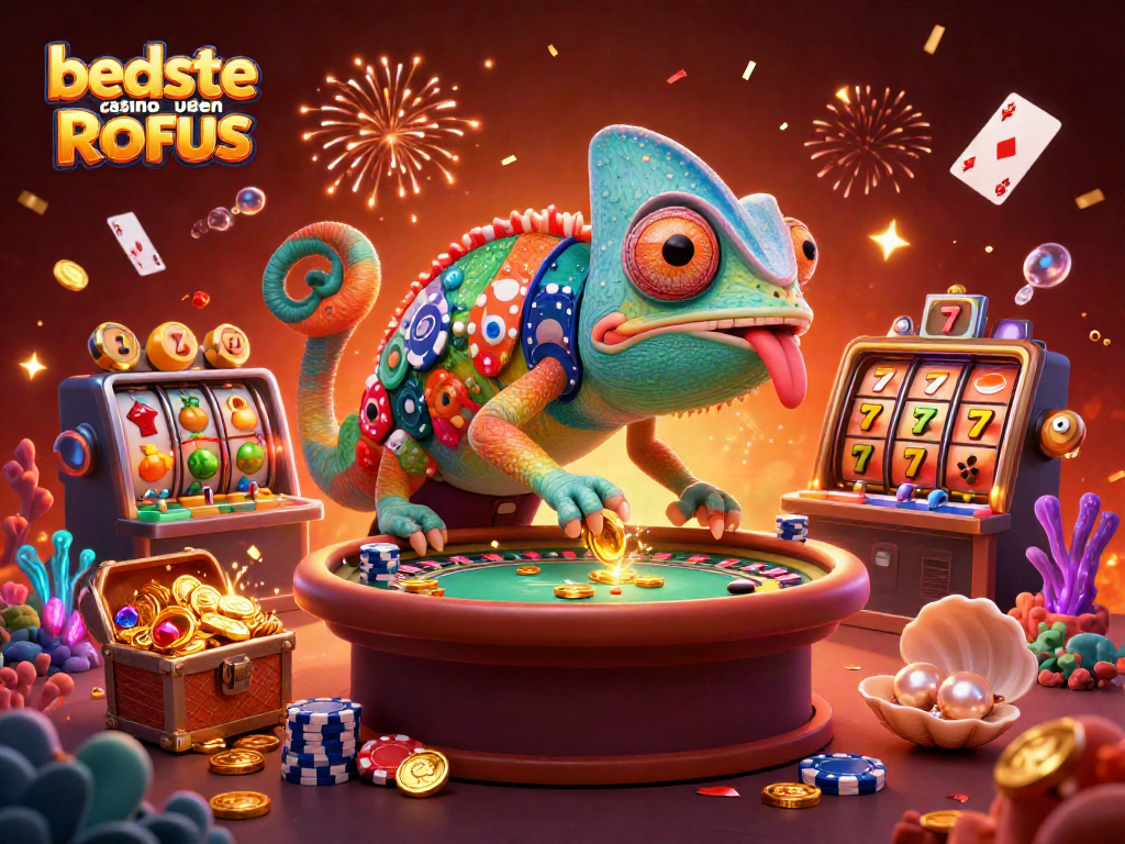 Engage in thrilling gameplay at bedste casino uden ROFUS with colorful slots and vibrant chameleon character.
