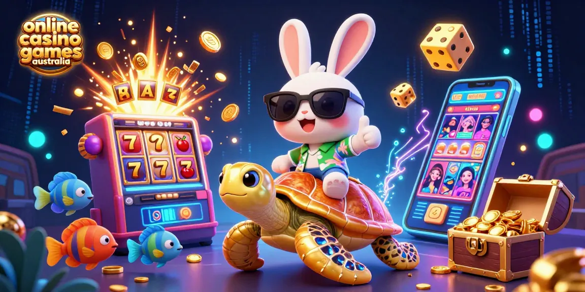 Experience online casino games australia with a lively rabbit and turtle amidst a jackpot explosion