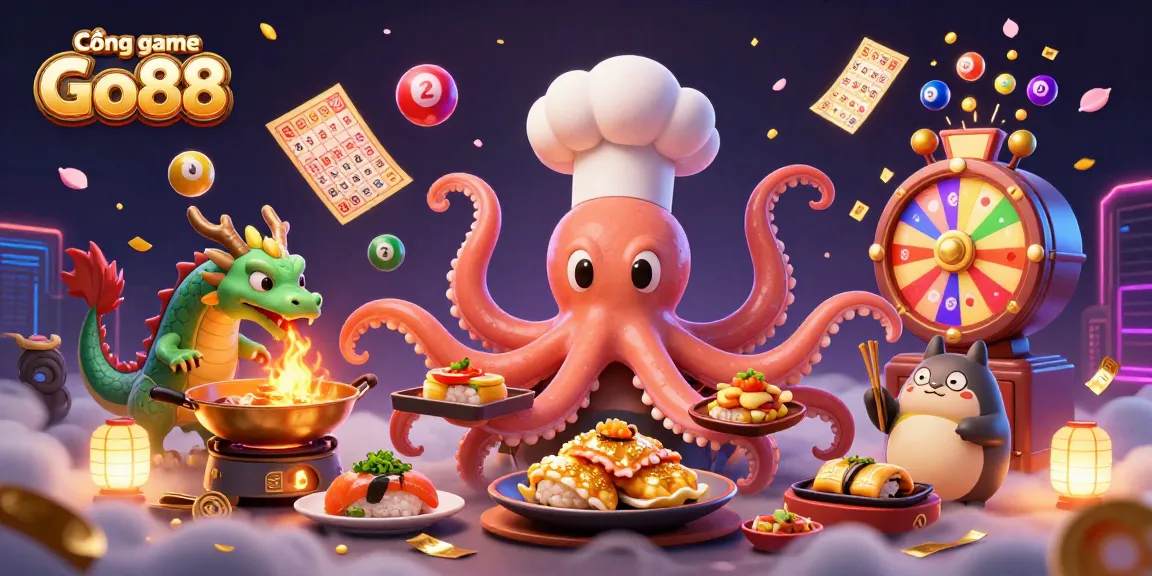 Cổng game Go88 features an octopus chef preparing dishes with vibrant lottery elements, showcasing exciting gaming action.