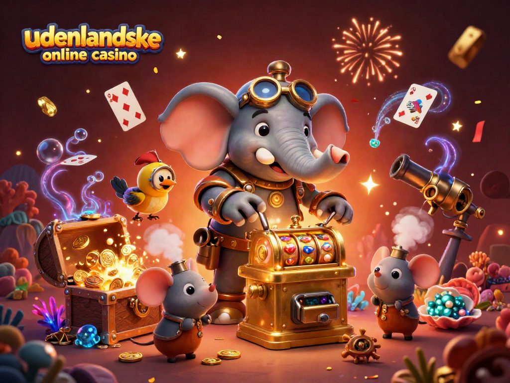 Engage with udenlandske online casino through a vibrant illustration featuring steampunk characters and dynamic casino elements.