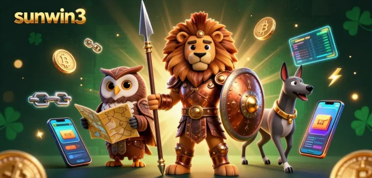 Experience sunwin3’s dynamic casino world with 3D cartoon assets showcasing a Spartan lion, owl strategist, and greyhound messenger.