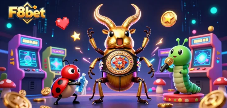 F8bet features a vibrant 3D illustration of a boxing beetle, ideal for online gambling promotion.