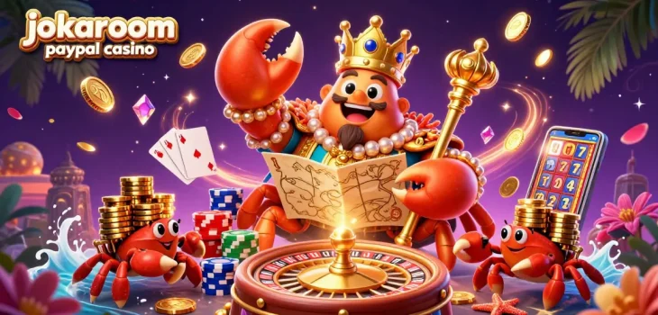 Engaging scene of jokaroom paypal casino featuring a golden crab emperor with treasure map and scepter.