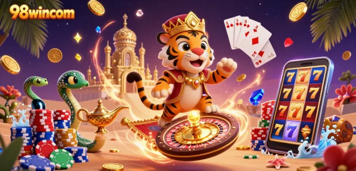 Experience excitement at 98wincom with a vibrant casino illustration showcasing a thrilling slot scene.
