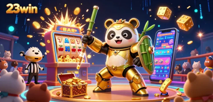 Experience the excitement of 23win with a vibrant 3D casino scene showcasing a golden panda in a mech-suit.